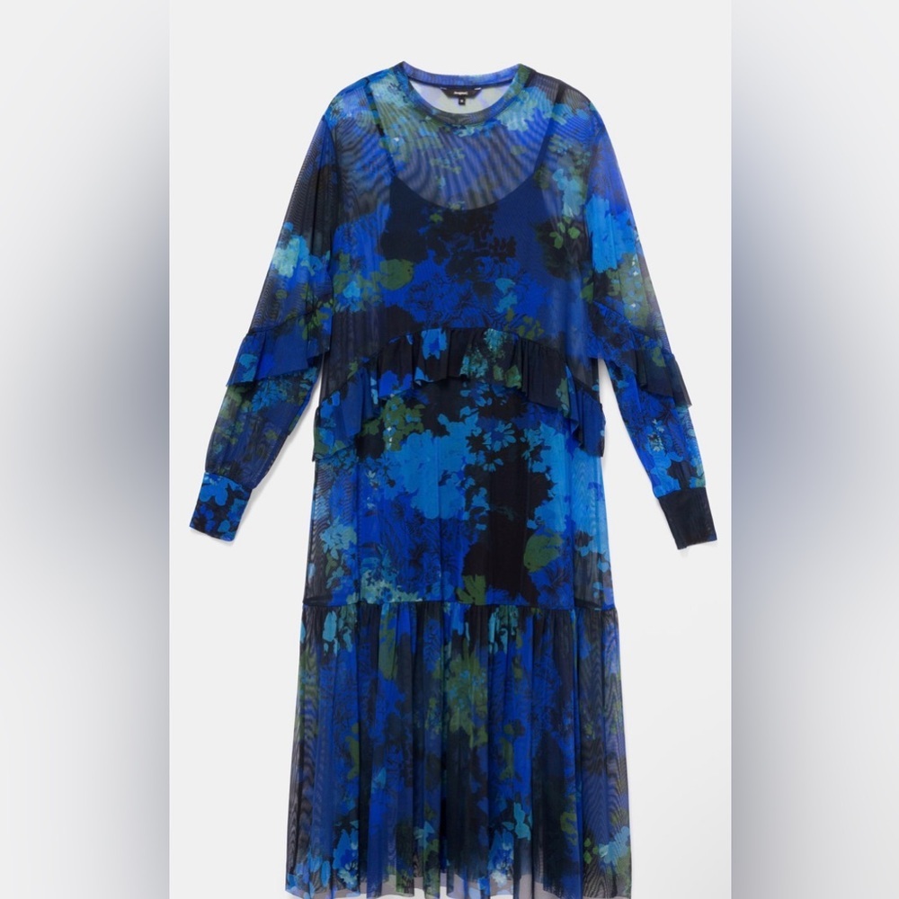 Desigual Floral Mesh Layered Midi Dress Blue Black Size L NWT - Picture 4 of 17